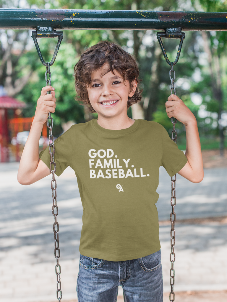 Youth Army SLIM FIT Green God. Family. Baseball. T-Shirt